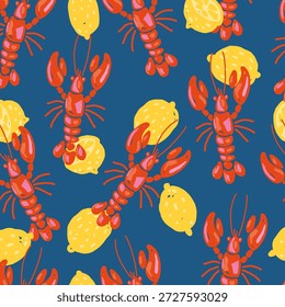 Lagosta e limão padrão sem costura sobre fundo azul. Design de frutos do mar mediterrâneo desenhado à mão em estilo ingênuo imperfeito, ótimo para têxteis de cozinha de verão ou papel de embrulho.
