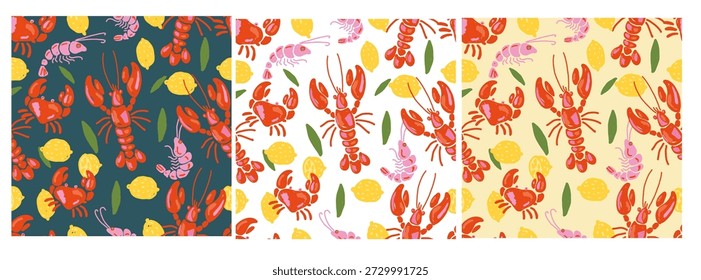 Hummer und Zitrone nahtlose Muster in handgezeichnetem mediterranen Stil gesetzt. Naive Meeresfrüchte mit Garnelen, Krebsen, Zitrusfrüchten und Blättern. Perfekt für Sommer-Küchendekoration und Verpackungspapier.