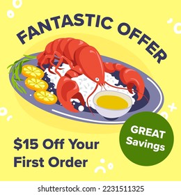 Lobster with lemons and herbs served in restaurant with offer and discounts for clients. Tasty seafood and nutritious meal, breakfast or dinner in eatery. Delicious dishes. Vector in flat style