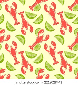 Lobster and Lime slices seamless pattern. Vector illustration