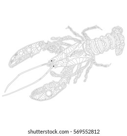 Lobster line art design for coloring book.  Ornate zentangle crawfish drawing.