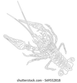 Lobster line art design for coloring book.  Ornate zentangle crawfish drawing.