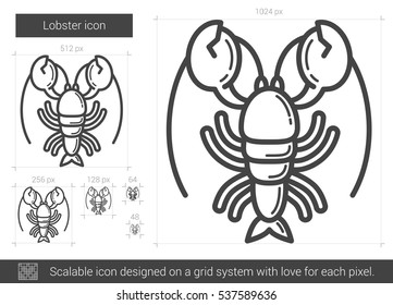 Lobster line icon for web, mobile and infographics. Vector white icon isolated on red background.