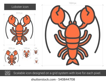 Lobster line icon for web, mobile and infographics. Vector white icon isolated on red background.