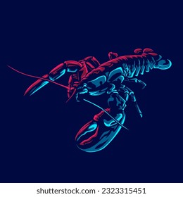 Lobster logo with colorful neon line art design with dark background. Abstract underwater animal vector illustration.