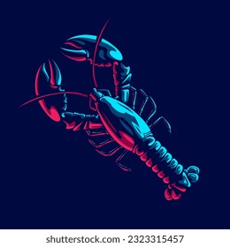 Lobster logo with colorful neon line art design with dark background. Abstract underwater animal vector illustration.