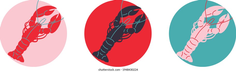 Lobster logo set for shops, packaging and advertising. Abstract flat stickers, emblems and labels for seafood. Graphic design editable for your design. 