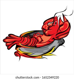 Lobster mascot is sleeping on a hot plate for seafood restaurant