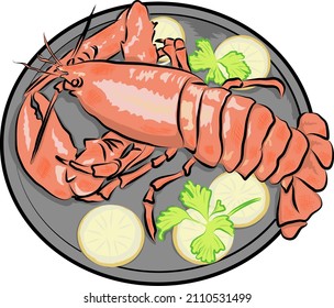 A lobster menu dish with lemon on a plate
