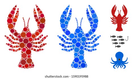 Lobster mosaic of small circles in variable sizes and shades, based on lobster icon. Vector small circles are composed into blue composition. Dotted lobster icon in usual and blue versions.