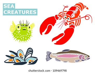 Lobster, Muscles, Salmon and Puffer Fish