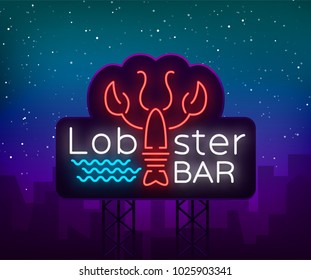 Lobster neon logo icon vector illustration. Emblem, neon signboard for restaurant, cafe with seafood. Glowing banner, a template for your projects. Billboard