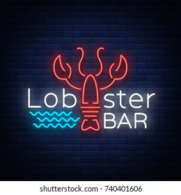 Lobster neon logo icon vector illustration. Emblem, neon signboard for restaurant, cafe with seafood. Glowing banner, a template for your projects