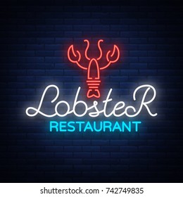 Lobster neon logo icon vector illustration. Emblem, neon signboard for restaurant, cafe with seafood. Glowing banner, a template for your projects