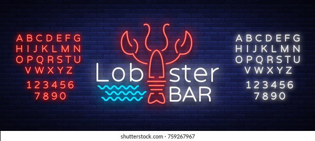 Lobster neon logo icon vector illustration. Emblem, neon signboard for restaurant, cafe with seafood. Glowing banner, a template for your projects. Editing text neon sign. Neon alphabet.
