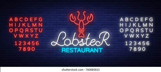 Lobster neon logo icon vector illustration. Emblem, neon signboard for restaurant, cafe with seafood. Glowing banner, a template for your projects. Editing text neon sign. Neon alphabet.