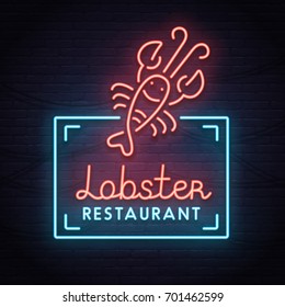 Lobster neon sign, bright signboard, light banner. Restaurant logo, label, emblem
