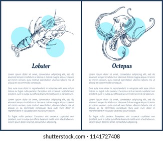 Lobster and octopus seafood ingredients set. Posters with headline text sample and monochrome sketches outline of marine dwellers vector illustration