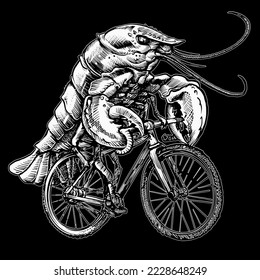 lobster on bike sketch black and white t-shirt print vector