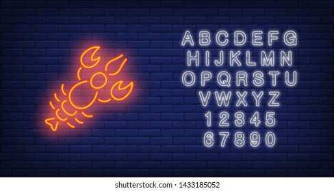 Lobster on brick background. Neon style illustration. Beer snack, seafood restaurant, seafood shop. Food banner. For delicatessen, marine life, market concept