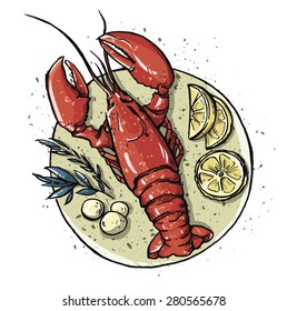 Lobster on a dish.  Seafood. Vector illustration.