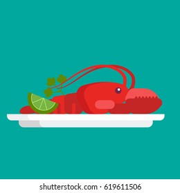 Lobster on plate. Flat icon Vector illustration. Good for menu design.