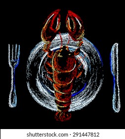 Lobster on plate hand-drawn by oil pastel on black paper