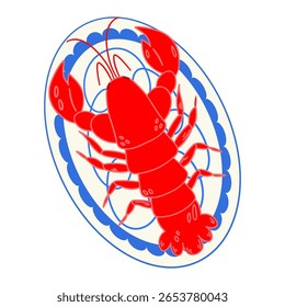 Lobster on plate. Seafood illustration.