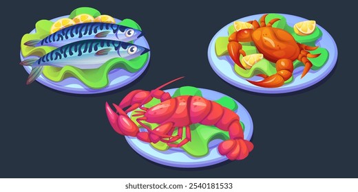 Hummer auf Teller. Meeresfrüchte zum Abendessen, Vektorgrafik. Gekochter Fisch mit Zitronen-Cartoon-Grafik. Mediterranes Speisedesign für das Restaurant. Kostengünstige chinesische Küche. Köstliche Krebstiere