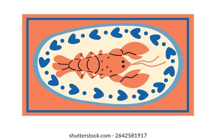 Lobster on plate with seafood restaurant menu concept vector illustration . Mediterranean sea food flat hand drawn illustration , summer vibe .