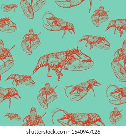 Lobster pattern in different angles red line sketch on a blue background vector illustration for design and decoration