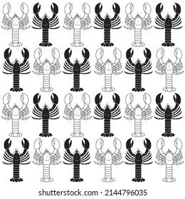 Lobster pattern outline and silhouette on a white background, vector illustration