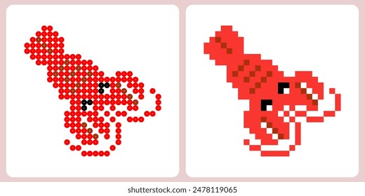 lobster in pixel art for cross stitch and beaded patterns in vector illustration.