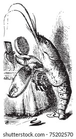 Lobster primping before a mirror - Alice's Adventures in Wonderland original vintage engraving. The Lobster declare: You have baked me too brown, I must sugar my hair. Illustration from John Tenniel