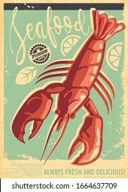 Lobster retro restaurant poster design layout. Seafood menu vintage diner sign. Bistro vector image.