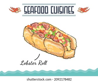 Lobster Roll Sandwich New England Style Hot Dog Cheese Vector Illustration.