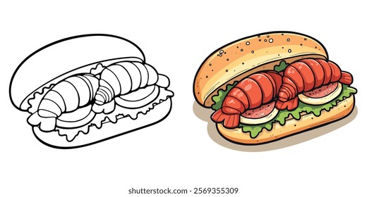 Lobster Rolls Line Art Vector Illustration Black and White with Coloring Sample. Bold and Easy Food and Snacks Coloring Pages for Adults and Kids.