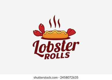 lobster rolls logo with a combination of hotdog bun, lobster claws and tail, and beautiful lettering. This logo is suitable for restaurants, cafes, food trucks, etc.