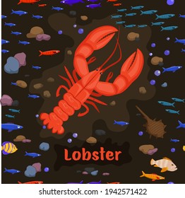 Lobster. Sea animals. Marine crustaceans. Species of Nephropsidae. Save the ocean concept. Editable vector illustration in bright colors. Colorful cartoon flat style.