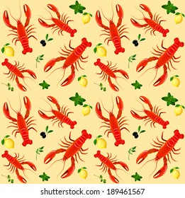 Lobster sea food mint parsley lemon olive seamless pattern vector illustration