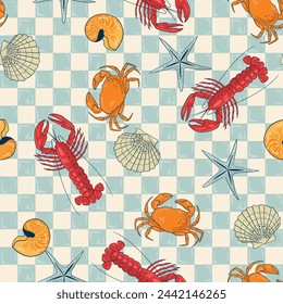 lobster, sea shell, ocean, marine, summer beach, coastal, tropical seamless pattern background, print, pattern, greeting card, banners, web, wrapping paper, fashion, fabric, textile, wallpaper, cover