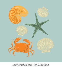 lobster, sea shell, ocean, marine, summer beach, coastal, tropical background, print, greeting card, banners, web, wrapping paper, fashion, fabric, textile, wallpaper, cover