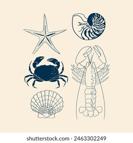 lobster, sea shell, ocean, marine, summer beach, coastal, tropical background, print, greeting card, banners, web, wrapping paper, fashion, fabric, textile, wallpaper, cover