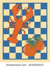 Lobster Seafood Animal Retro Style Poster. Mediterranean Food Amalfi Vintage Art Style. Cafe Restaurant Menu Page Illustration. Cartoon Vibrant Summer Resort Vacation Holiday Advertising Flyer Card