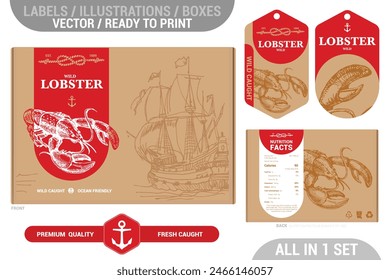 Lobster seafood Premium quality package design set featuring modern hand drawn illustrations and labels set. Seafood