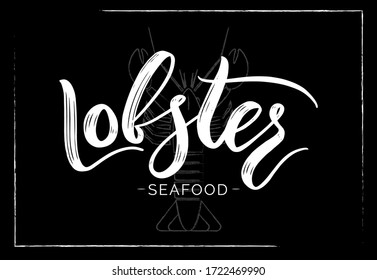 Langosta. Mariscos con boceto marino sobre fondo negro. Grabado de caligrafía manual. Palabra textura. Logotipo de restaurante, menú, bar, tienda, mercado, tarjeta de visita, afiche, banner, anuncio de volante