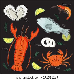 Lobster Seafood Set, Vector freehand illustration