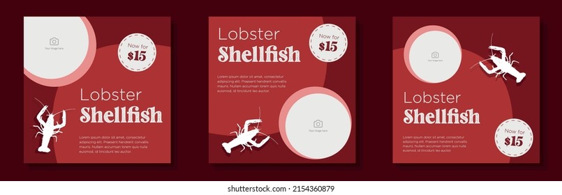 Lobster seafood social media post, banner set, shellfish for sale advertisement concept, crayfish, crawfish marketing square ad, abstract print, isolated on background.