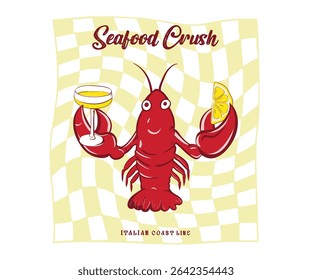 Lobster seafood vector art, Summer seafood vacation vector design, Italian beach holidays artwork, retro vintage lobster design for t shirt, poster, graphic print