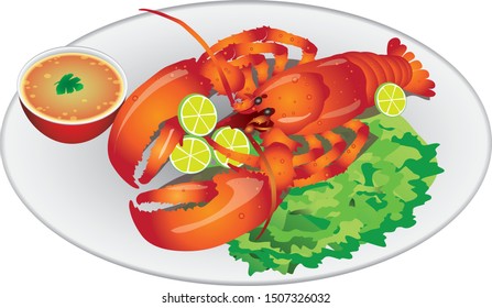 Lobster Seafood with Vegie , lemon slice and Sauce - Vector